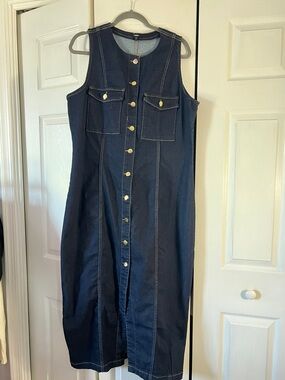Express Dark Blue Denim Midi Dress with Gold Buttons
